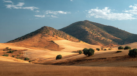 A photograph of Iberian peninsula hills 392 with iberian hillside farmland, grassy hill slopes, hot iberian summer, ultra realistic landscape photography, wide angle lens, natural colors, clean composition, no peopleの写真素材