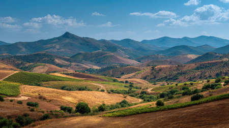 A photograph of Iberian peninsula hills 97 with iberian hillside vineyards, dusty countryside paths, hot iberian summer, ultra realistic landscape photography, wide angle lens, natural colors, clean composition, no peopleの写真素材
