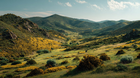 A photograph of Iberian peninsula hills 435 with iberian hillside farmland, scattered countryside bushes, mediterranean spring bloom, ultra realistic landscape photography, wide angle lens, natural colors, clean composition, no peopleの写真素材