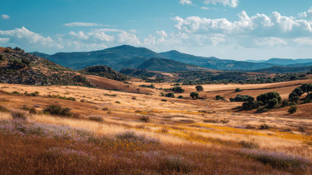 A photograph of Iberian peninsula hills 421 with iberian rural hill valley, dry mediterranean grasses, mediterranean spring bloom, ultra realistic landscape photography, wide angle lens, natural colors, clean composition, no peopleの写真素材