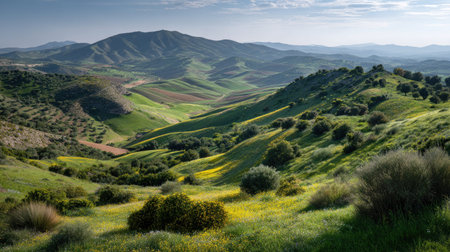 A photograph of Iberian peninsula hills 64 with iberian hillside vineyards, rural farmland soil,...
