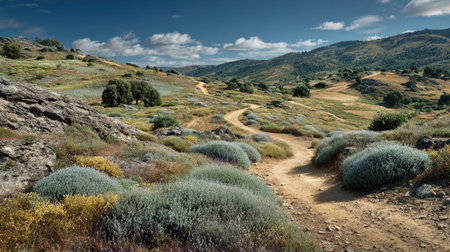 A photograph of Iberian peninsula hills 72 with iberian hills with winding paths, wild thyme plants,...