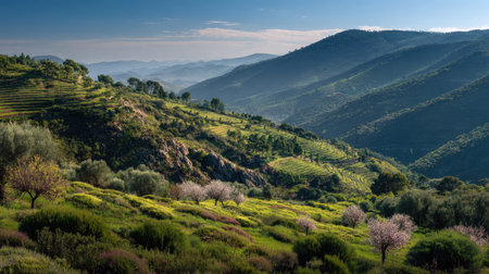 A photograph of Iberian peninsula hills 475 with iberian hillside vineyards, almond trees,...