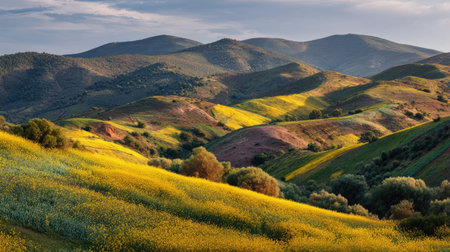 A photograph of Iberian peninsula hills 343 with iberian hillside farmland, wild fennel plants,...