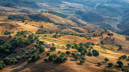 A photograph of Iberian peninsula hills 353 with iberian hills with scattered farmhouses, scattered...
