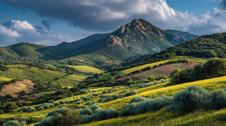 A photograph of Iberian peninsula hills 25 with rocky iberian hill ridges, vineyard rows,...