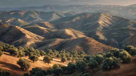 A photograph of Iberian peninsula hills 469 with rolling iberian hills, scattered olive trees, warm...