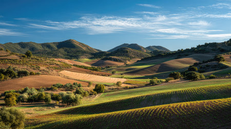 A photograph of Iberian peninsula hills 312 with iberian countryside hill plateau, small vineyard...