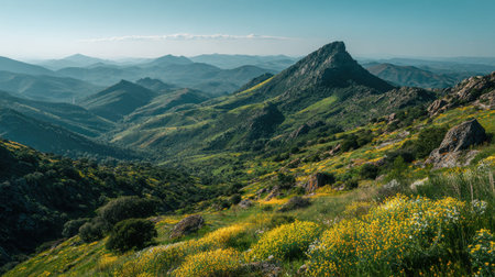 A photograph of Iberian peninsula hills 434 with iberian hills with distant mountains, mediterranean...
