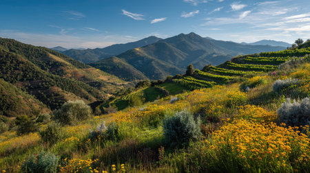 A photograph of Iberian peninsula hills 496 with iberian hillside vineyards, wild mediterranean flowers, mild mediterranean winter, ultra realistic landscape photography, wide angle lens, natural colors, clean composition, no peopleの写真素材