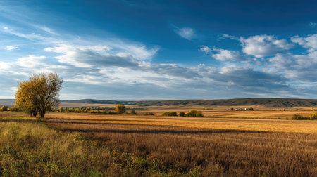 A photograph of Eastern European plains 129 with steppe valley panorama, barley farmland fields,...