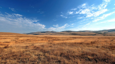 A photograph of Eastern European plains 132 with flat grassland valley, dry prairie grass, golden...