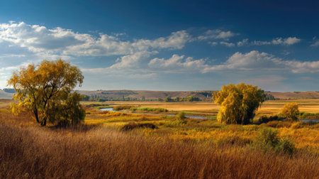A photograph of Eastern European plains 325 with rolling eastern european steppe, willow trees near rivers, golden plains autumn, ultra realistic landscape photography, wide angle lens, natural colors, clean composition, no peopleの写真素材