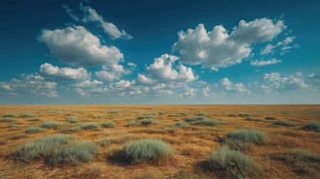 A photograph of Eastern European plains 284 with steppe plains under vast sky, steppe shrubs, warm steppe summer, ultra realistic landscape photography, wide angle lens, natural colors, clean composition, no peopleの写真素材