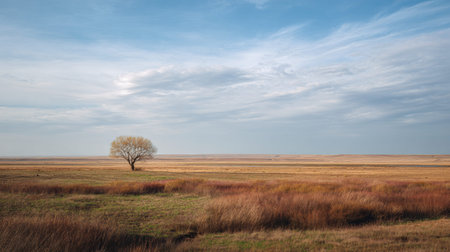 A photograph of Eastern European plains with steppe plains overlooking river, rural hedgerows, fresh...