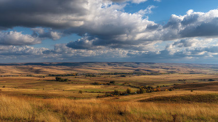 A photograph of Eastern European plains 410 with plains landscape with distant forests, grassy...