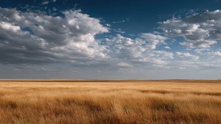 A photograph of Eastern European plains 265 with steppe plains under vast sky, golden wheat fields,...