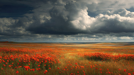A photograph of Eastern European plains 151 with vast plains under dramatic sky, wild poppy flowers,...