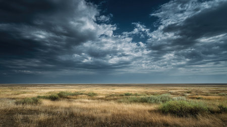A photograph of Eastern European plains 442 with vast plains under dramatic sky, dry grass patches,...