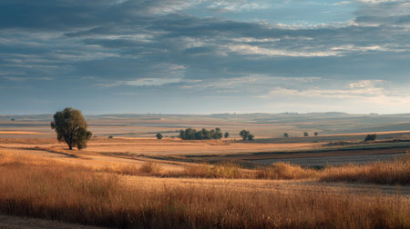 A photograph of Eastern European plains 465 with endless agricultural plains, sunlit grass fields,...