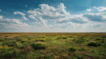 A photograph of Eastern European plains 330 with flat farmland stretching to horizon, countryside meadow plants, fresh steppe spring, ultra realistic landscape photography, wide angle lens, natural colors, clean composition, no peopleの写真素材