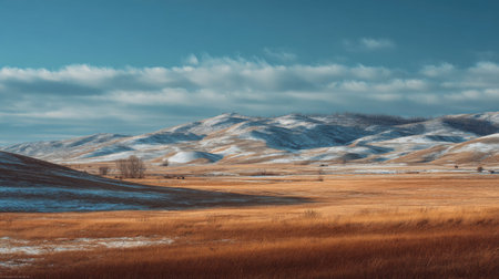 A photograph of Eastern European plains 71 with eastern european rural steppe, grassy steppe hills, snowy eastern european winter, ultra realistic landscape photography, wide angle lens, natural colors, clean composition, no peopleの写真素材