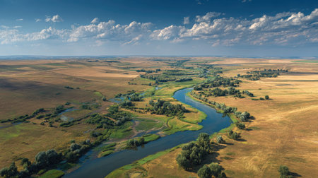 A photograph of Eastern European plains 47 with rural plains with riverbanks, scattered countryside...