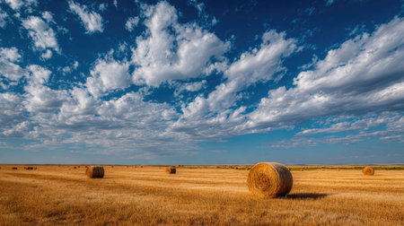 A photograph of Eastern European plains 197 with steppe plains under vast sky, scattered hay bales,...