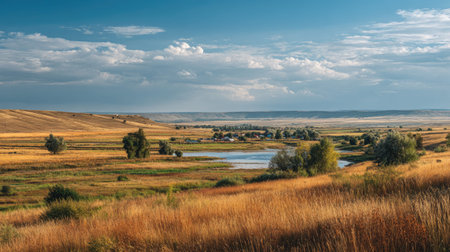 A photograph of Eastern European plains 112 with farmland plains with scattered houses, riverbank...
