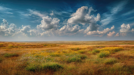 A photograph of Eastern European plains with rural plains with scattered villages, wild clover...