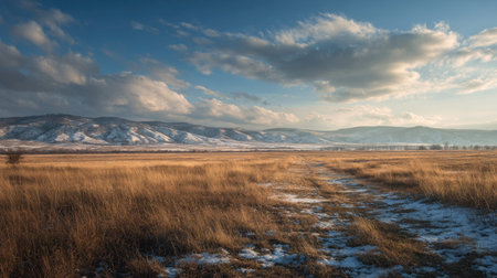 A photograph of Eastern European plains 131 with flat grassland valley, sunlit grass fields, snowy...