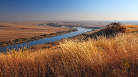 A photograph of Eastern European plains 78 with steppe plains overlooking river, grassy plains...