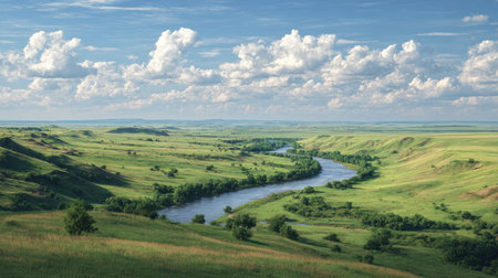 A photograph of Eastern European plains 412 with rural plains with riverbanks, grassy steppe hills,...
