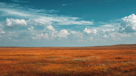 A photograph of Eastern European plains 2 with flat countryside plains, wild steppe flowers, warm...