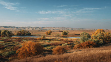 A photograph of Eastern European plains 325 with rolling eastern european steppe, willow trees near rivers, golden plains autumn, ultra realistic landscape photography, wide angle lens, natural colors, clean composition, no peopleの写真素材