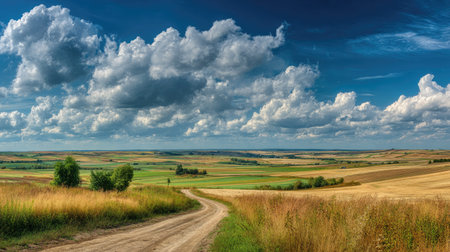 A photograph of Eastern European plains 381 with agricultural plains with winding road, countryside...