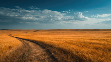 A photograph of Eastern European plains 34 with flat countryside plains, golden wheat fields, warm...