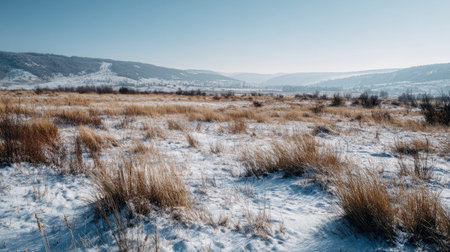 A photograph of Eastern European plains 429 with flat grassland valley, open grassland shrubs, snowy...
