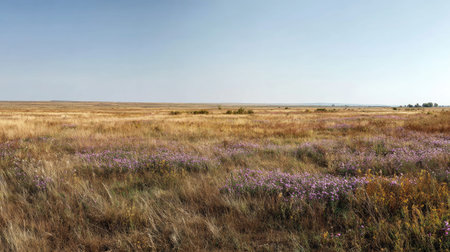 A photograph of Eastern European plains 254 with plains landscape with distant forests, wild steppe...
