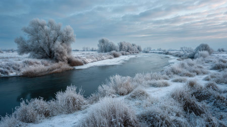 A photograph of Eastern European plains with rural plains with riverbanks, wild rural vegetation,...