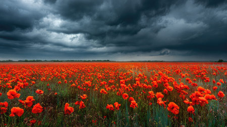 A photograph of Eastern European plains 151 with vast plains under dramatic sky, wild poppy flowers,...