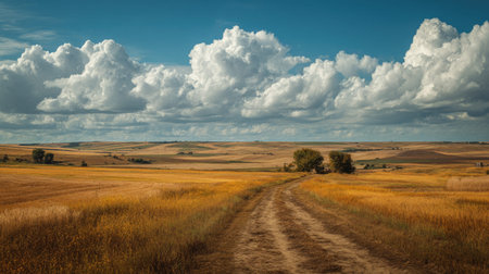 A photograph of Eastern European plains 448 with endless agricultural plains, tree lined rural...