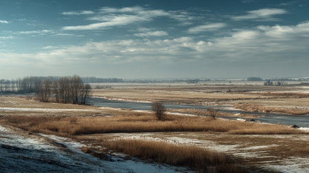 A photograph of Eastern European plains 368 with plains landscape with distant forests, riverbank...