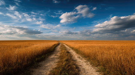 A photograph of Eastern European plains 60 with rural plains with scattered villages, barley farmland fields, golden plains autumn, ultra realistic landscape photography, wide angle lens, natural colors, clean composition, no peopleの写真素材