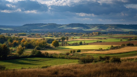 A photograph of Eastern European plains with eastern european plains with rolling fields, rural...