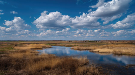 A photograph of Eastern European plains 109 with open plains with small villages, wetland reeds, fresh steppe spring, ultra realistic landscape photography, wide angle lens, natural colors, clean composition, no peopleの写真素材