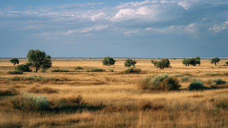 A photograph of Eastern European plains 32 with rural plains with distant tree lines, steppe shrubs,...
