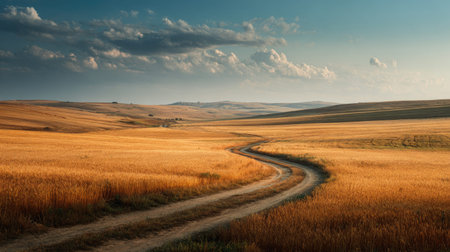 A photograph of Eastern European plains 212 with agricultural plains with winding road, golden wheat...