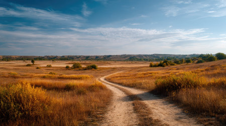 A photograph of Eastern European plains 161 with plains with winding dirt roads, low countryside bushes, golden plains autumn, ultra realistic landscape photography, wide angle lens, natural colors, clean composition, no peopleの写真素材