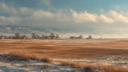 A photograph of Eastern European plains 171 with farmland plains with scattered houses, wind shaped grasslands, snowy eastern european winter, ultra realistic landscape photography, wide angle lens, natural colors, clean composition, no peopleの写真素材